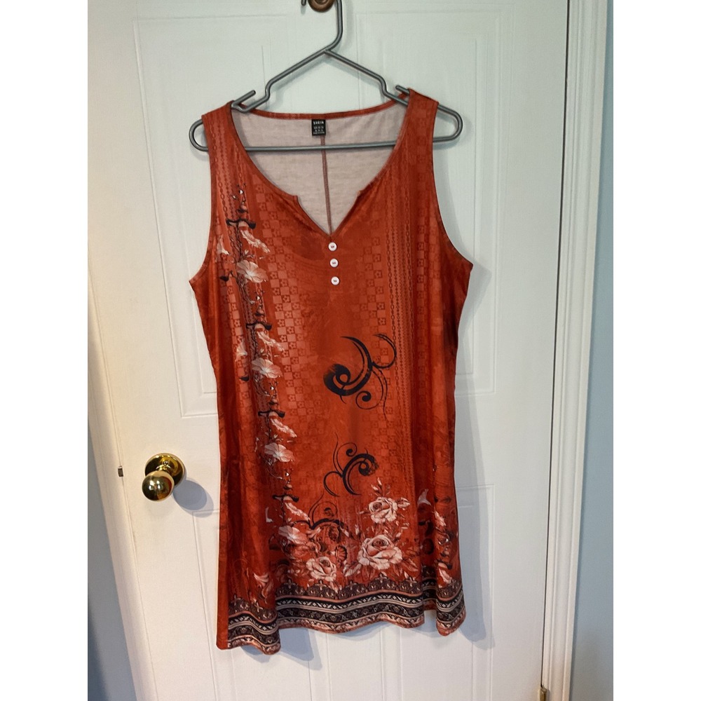 SHEIN Tunic Top Womens XL Orange Excellent Floral Graphic Split Neck Sleeveless